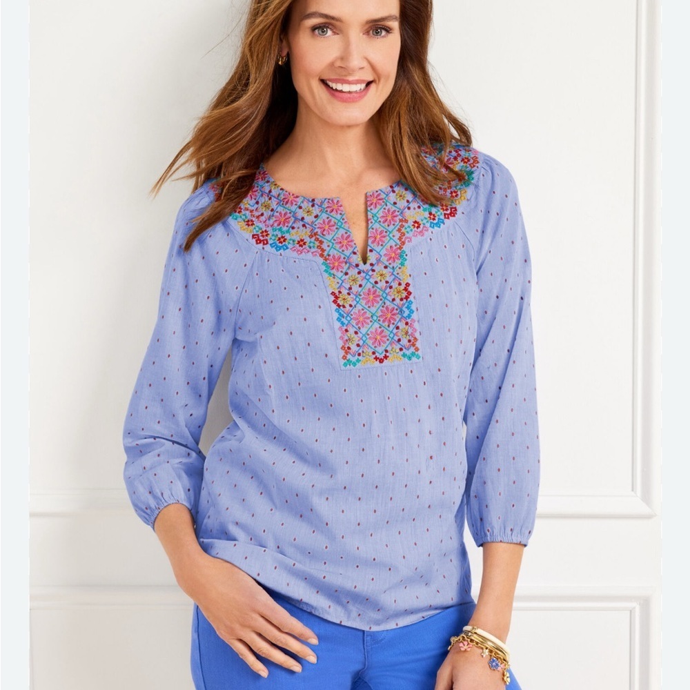 Talbots Light Blue Blouse with Multicolored Embroidery Chambray Size 3XP Casual